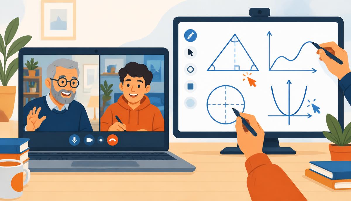 Ilustração de uma explicação online: a chamada de vídeo numa janela e, noutra, um quadro partilhado onde explicador e aluno escrevem ao mesmo tempo